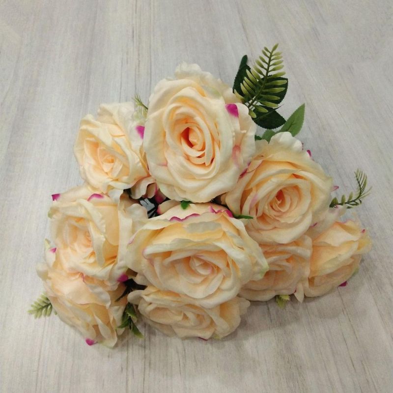 Decorative Silk Fabric Flowers 9 Heads Artificial Flowers Rose Wedding Bouquets for Sale