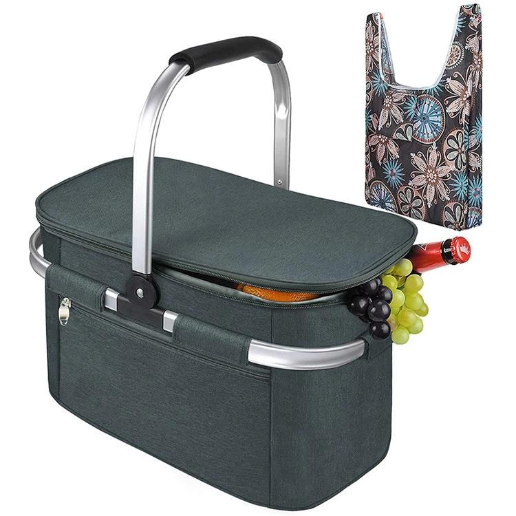 Food Storage Basket Polyester 600d Oxford Fabric Collapsible Carry Picnic Basket with Shopping Cooler Basket