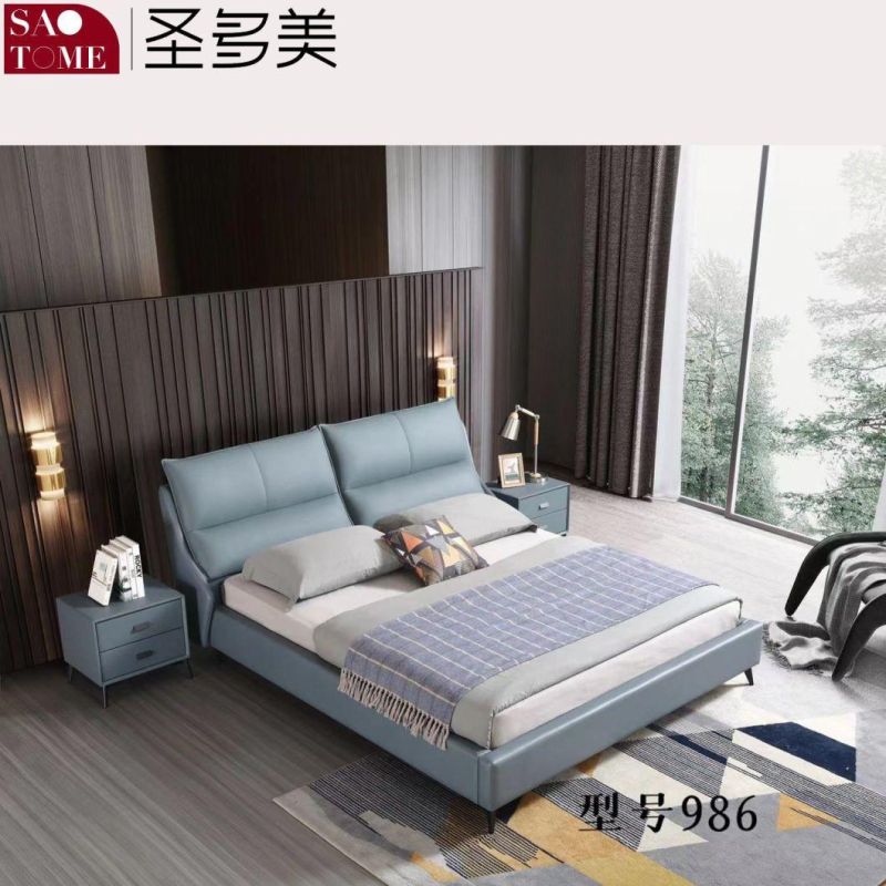 Modern Dark Blue Leather Solid Wood Plywood Frame Double Bed