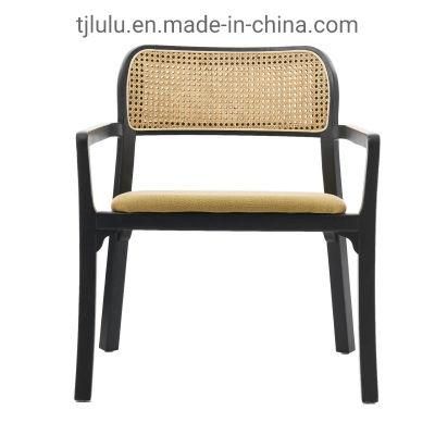 Modern Fabric Upholstered Leisure Armchair with Wooden Solid Legs with Rattan Back Living Room Furniture