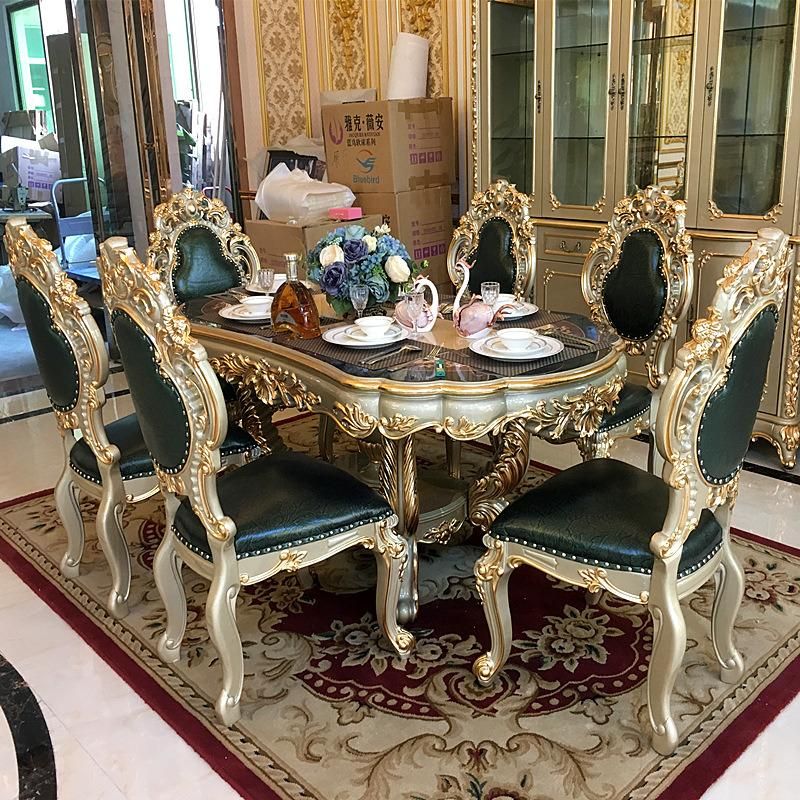 Home Hotel Furniture Antique Luxury Royal Gold 6 Chairs Marble Round Dining Table Set