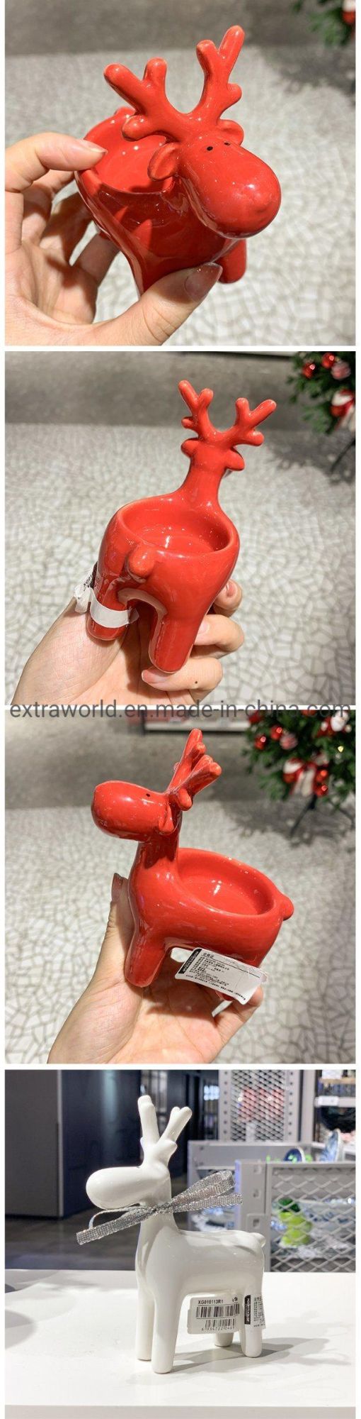 Ceramic Christmas Cute White and Red Color Deer Tealight Candle Holders with Ribbon