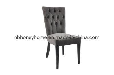 Velvet Upholstery Button Back Oak Leg Dining Chair