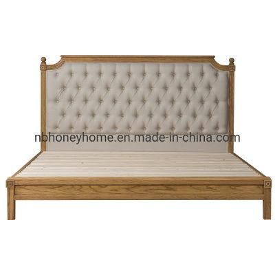French Vintage Oak Frame Buttoned Headbord Upholstery Bed