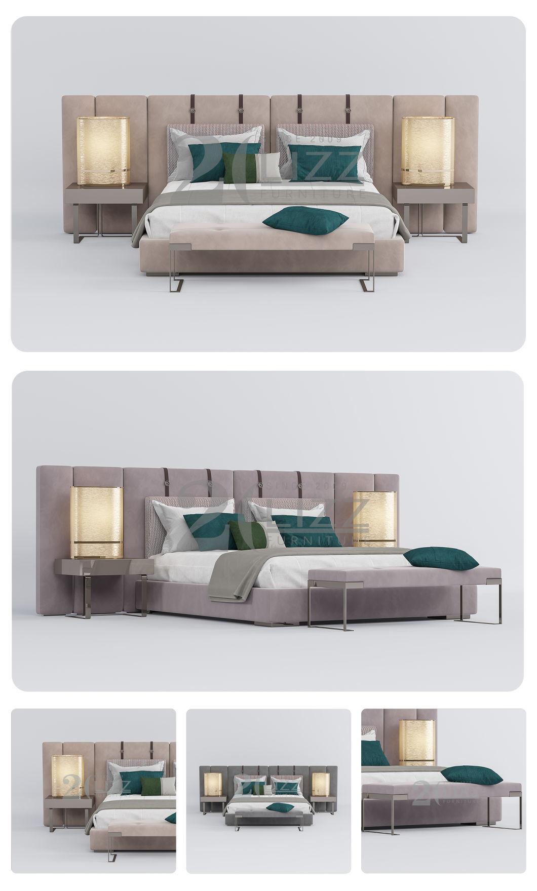 Modern Fabric Large Double King Size Bed with Fabric Long Couch & Big Headboard Bedroom Furniture Set