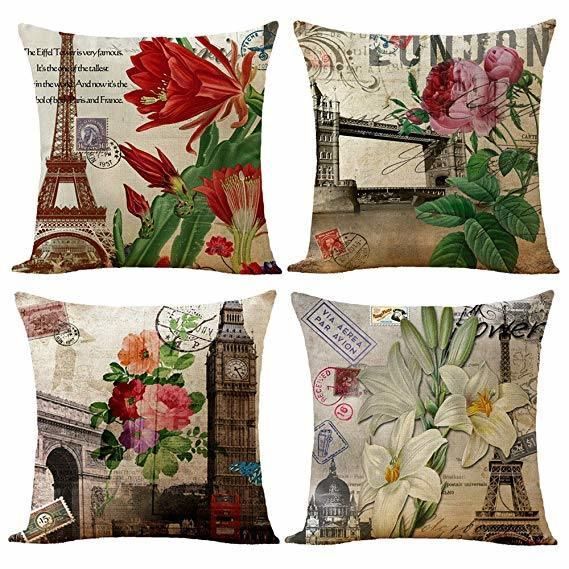 Cozy Building Flower Design Digital Printing Cushion on Sofa 100% Polyester Linen Fabric Chair Cushion Pillow Case Eiffel Tower Big Ben