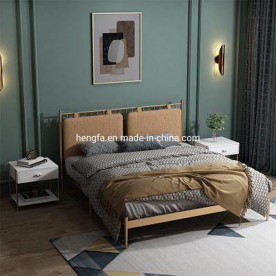 Modern Villa Bedroom Furniture Fabric Cushion Metal Double Bed