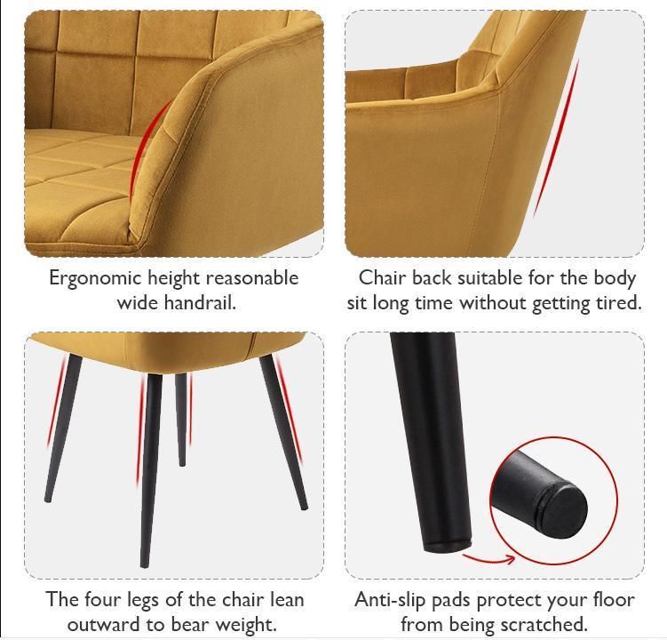 Modern Design Hotel Coffee Velvet Fabric Armchair Black Metal Legs Comfortable Dining Chair