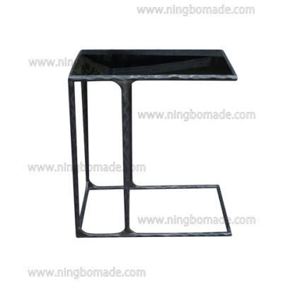 Thaddeus Sculptural Forged Collection Black Tempered Glass Top Antique Black Solid Metal Base Sofa Table