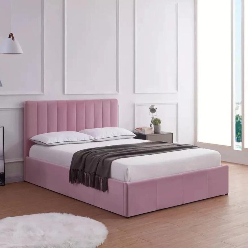 Luxury Designs Pink Latest Upholstery Fabric Bed Frame with High Headboard