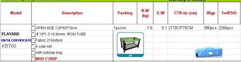 Cheaper 120*60*78cm Baby Play Yard Baby Playpen Baby Bed Sleeping Crib with En716 Certificate