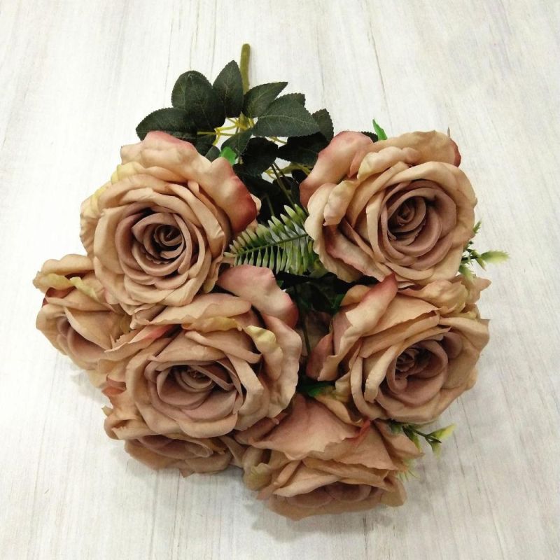 Decorative Silk Fabric Flowers 9 Heads Artificial Flowers Rose Wedding Bouquets for Sale