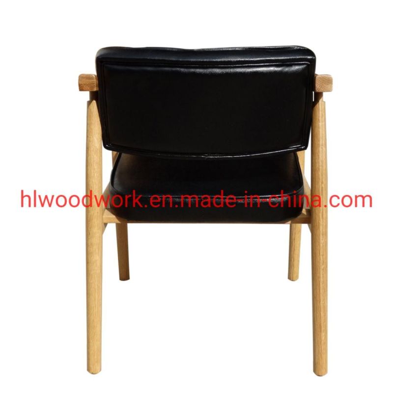 Leisure Chair Dining Chair Oak Wood Frame Natural Color Black PU Cushion Office Chair