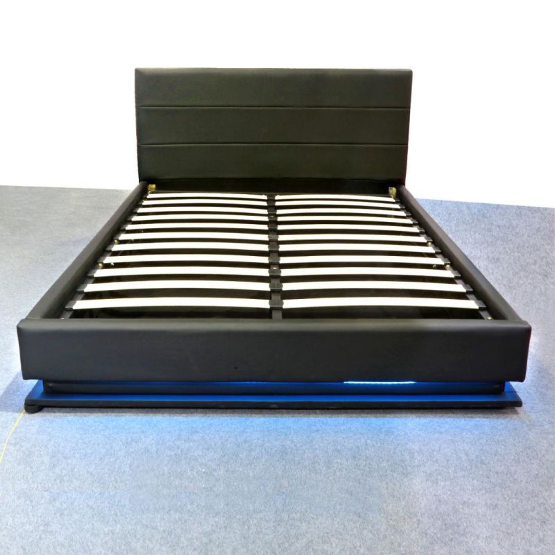 Black PU Modern Design Bedroom Furniture Fabric Bed with LED