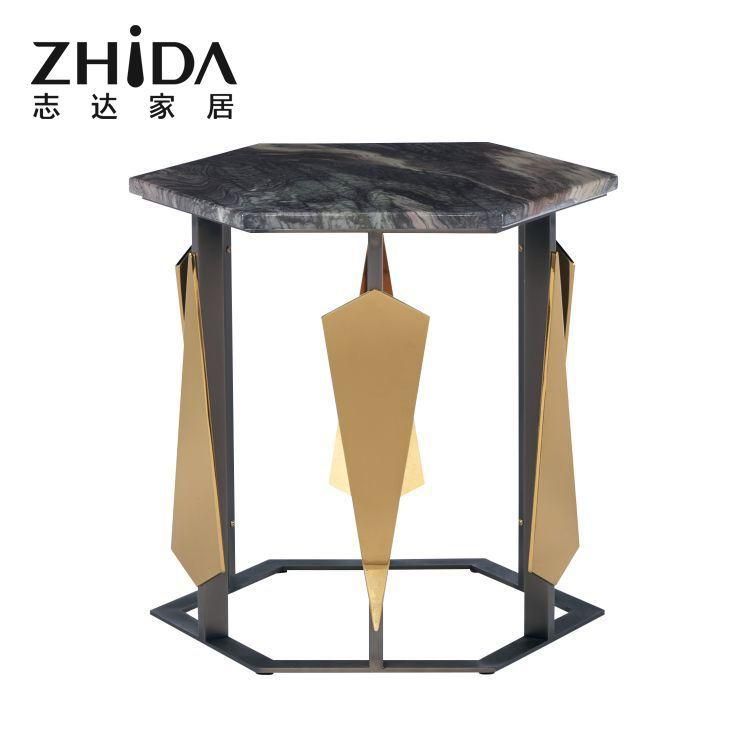 Foshan Factory Wholesale Gold-Plated Round Coffee Table Home Furniture Living Room Stainless Steel Leg Corner Marble Side Table