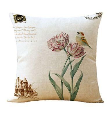 Cozy Bird Flower Printing Square Throw Cushion on Sofa Linen Fabric