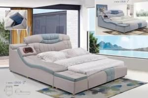 Modern Home Bedroom Furniture King Size Fabric Double Bed with Massager Function Bed Stool