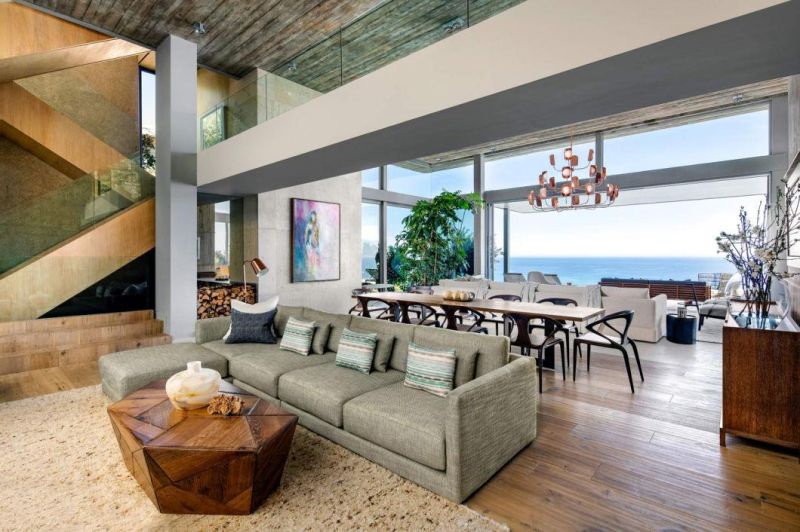 Luxury Beach Villa Modern Fabric Bed in Middle of Room Attach Desk with Drawers Behind Bed