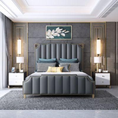 New Wood Home Furnitures Set Foshan Manufacture Metal Luxury King Size Leather Bed for Adult