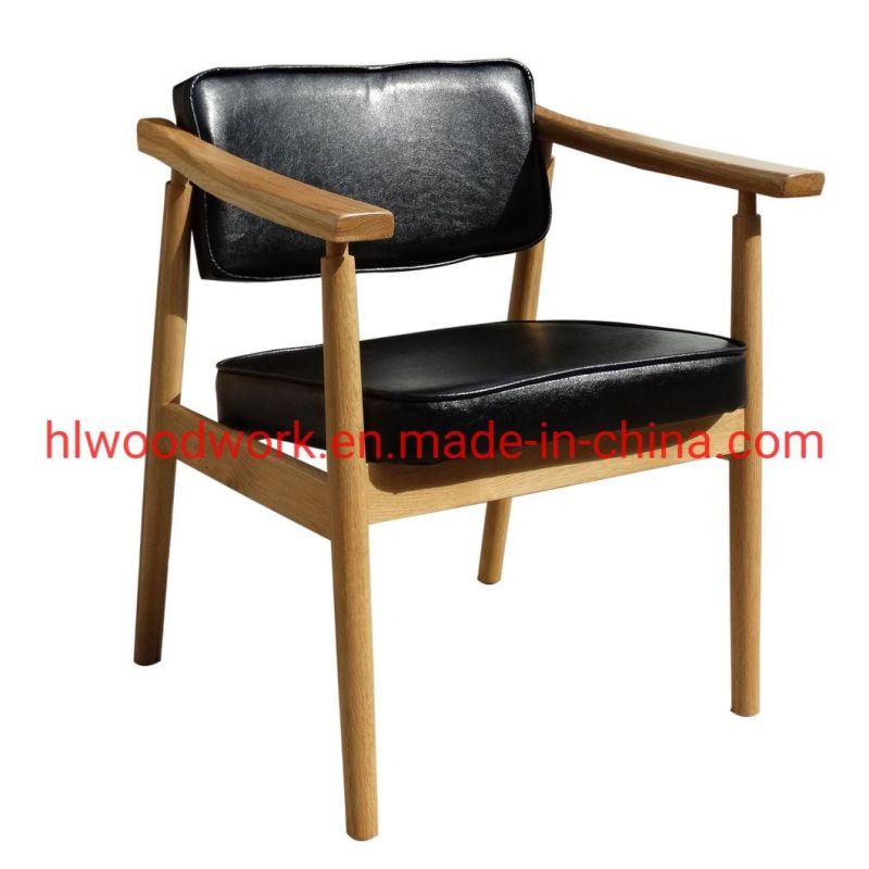 Leisure Chair Dining Chair Oak Wood Frame Natural Color Black PU Cushion Office Chair