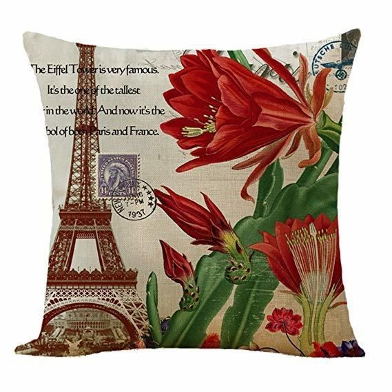 Cozy Building Flower Design Digital Printing Cushion on Sofa 100% Polyester Linen Fabric Chair Cushion Pillow Case Eiffel Tower Big Ben