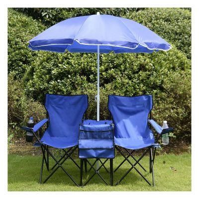 Double Folding Chair with Removable Umbrella Table Cooler Bag for Patio Beach Lawn Picnic Fishing Camping Garden