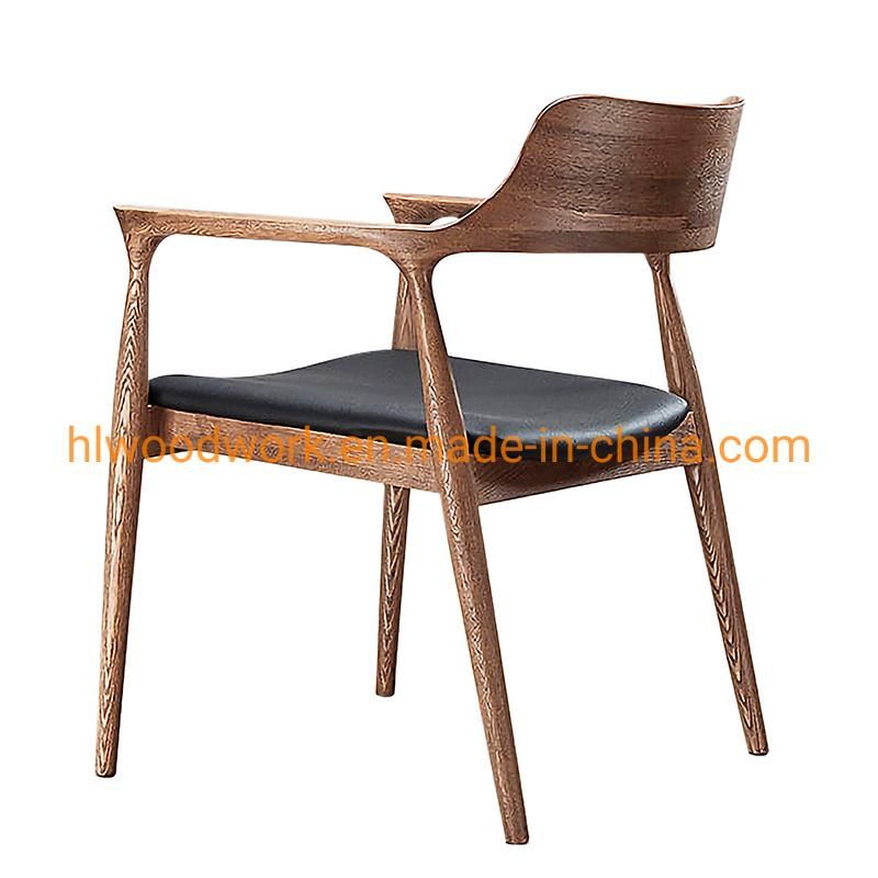 High Quality Hot Selling Modern Design Furniture Dining Chair Oak Wood Walnut Color Black PU Cushion Wooden Chair Home Furniture Arm Chair Dining Chair