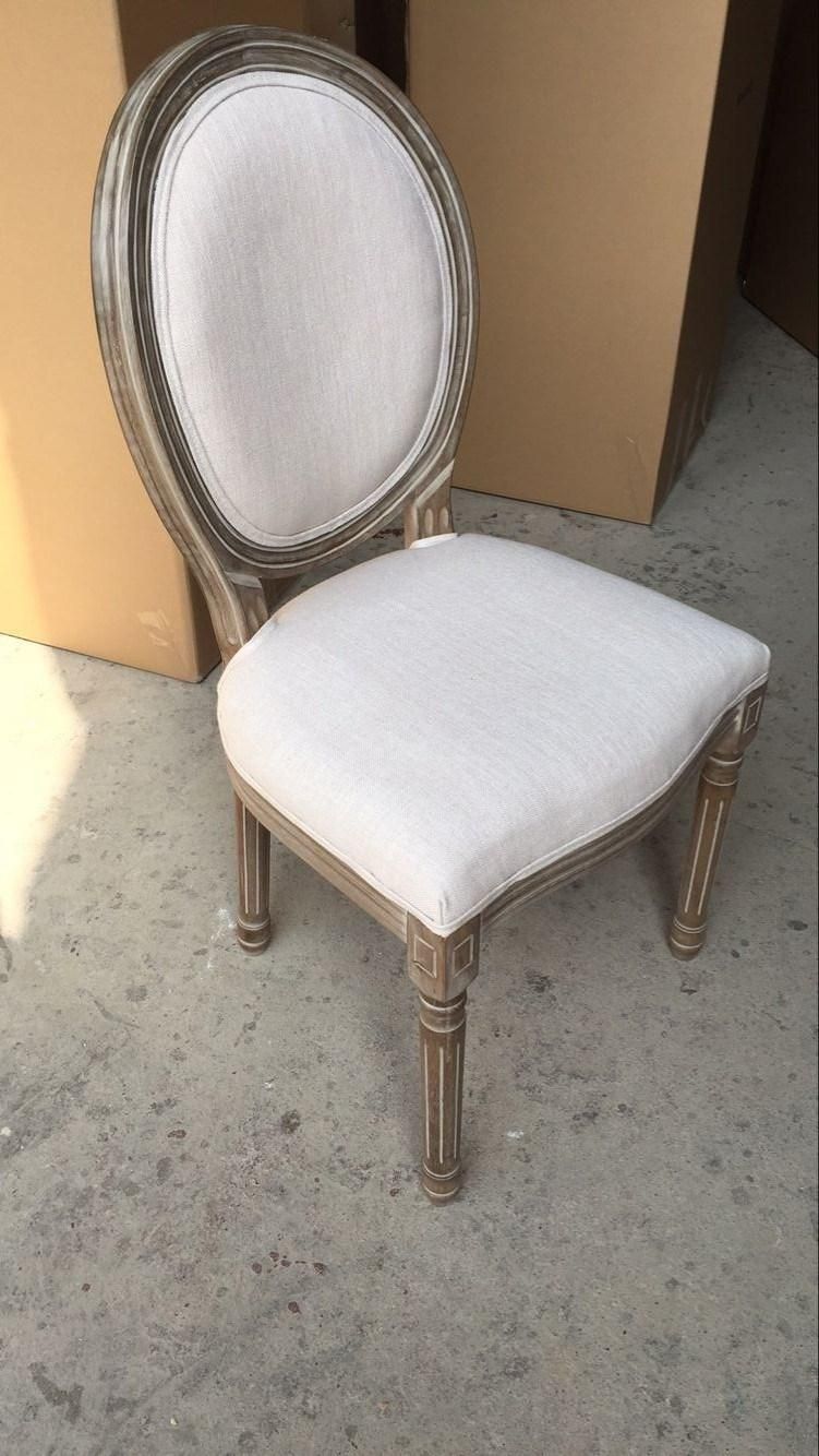 French Solid Wood Rattan Round Back Stackable Louis Chair with Linen Fabric