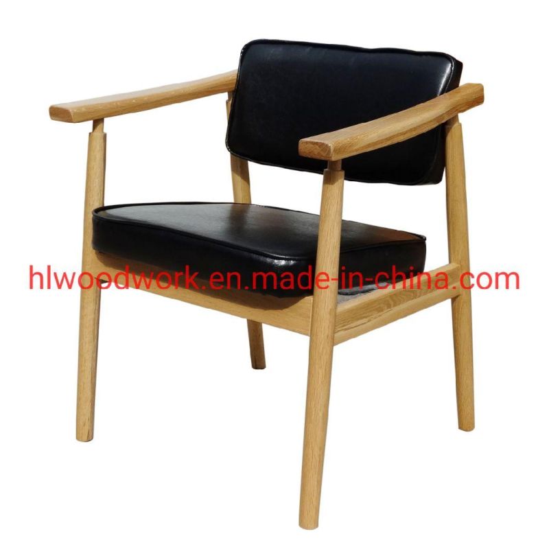 Leisure Chair Dining Chair Oak Wood Frame Natural Color Black PU Cushion Office Chair