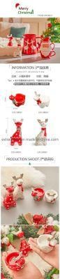 Ceramic Christmas Cute White and Red Color Deer Tealight Candle Holders with Ribbon