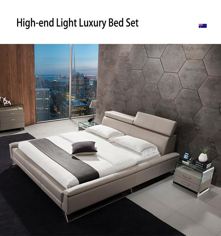 Made in China Wholesale Home Furniture Leather King Size Double Bed with Adjustable Headrest