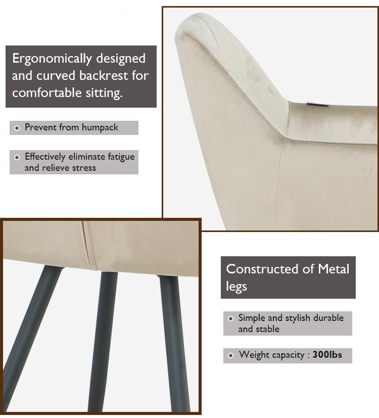 Italian Luxury Modern Designer Beige Velvet Fabric Dining Chair with Armrests