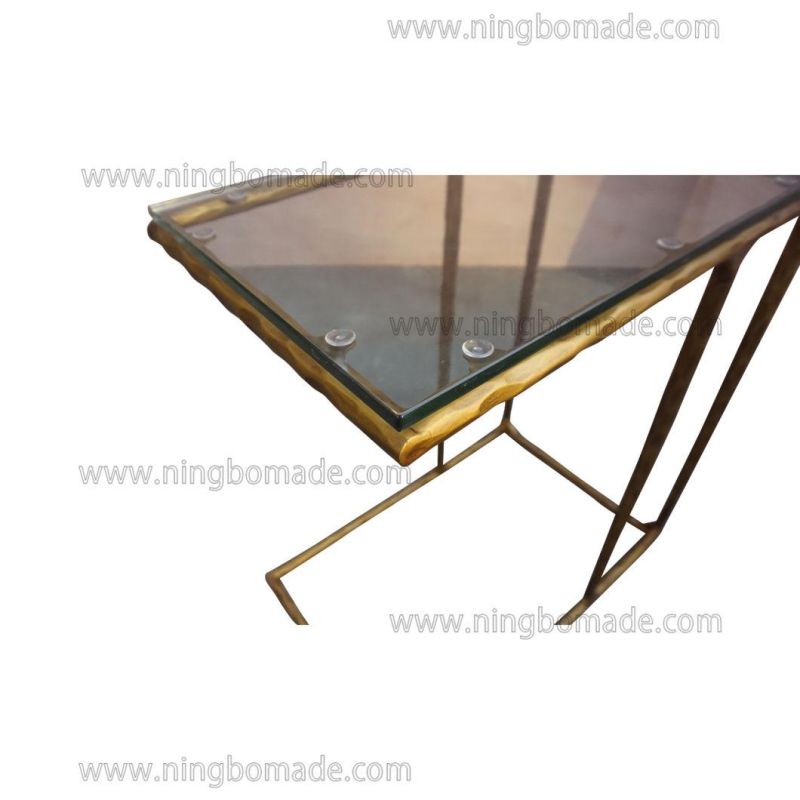 Thaddeus Sculptural Forged Collection White Tempered Glass Top Light Brass Solid Metal Base Sofa Table