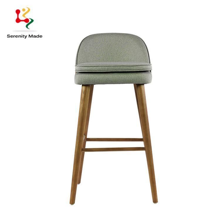 Commercial Nodic Style Restaurtant Fabric Cover Seat Wooden Legs Bar Stool Cafe High Counter Chair