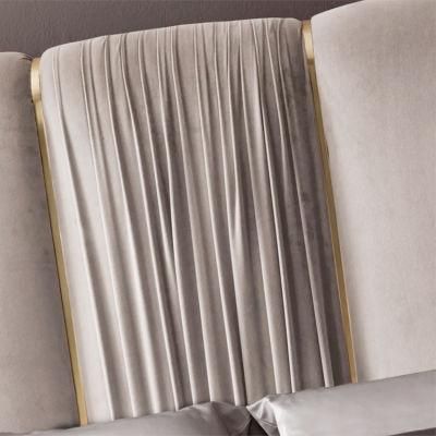 Modern Luxury Bedroom Beds Furniture Italian Pleat Upholstered Velvet Bed with Fabric Frame for Villa