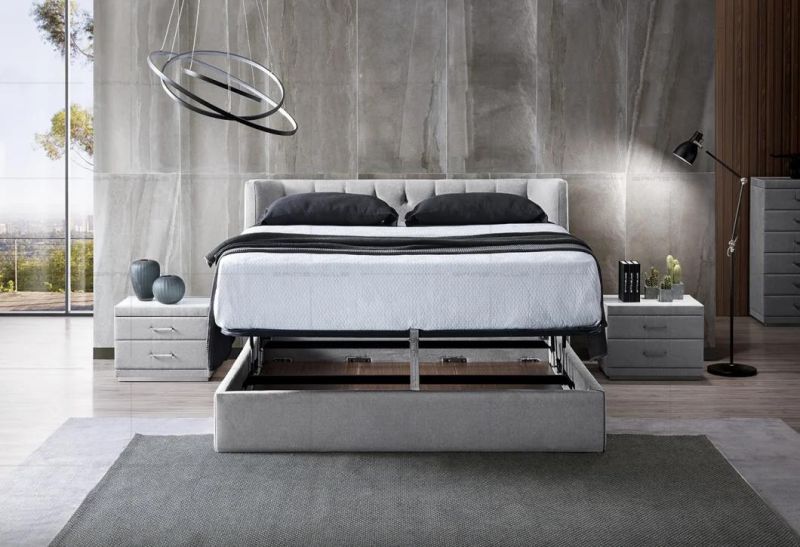 Modern King Size Cream Fabric Upholstered Ottoman Gas Lift Storage King Bed for Bedroom Furniture