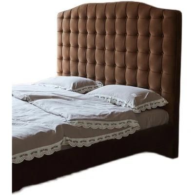 Nordic Retro Art Solid Wood Double Bed Square Buckle Fabric Soft Bag Bed High Back Bed Box