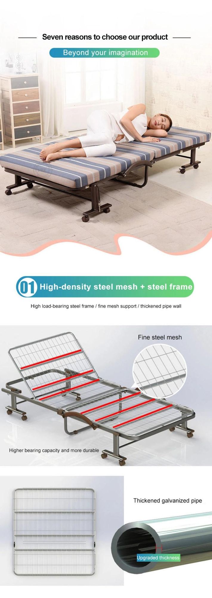 Wholesale Folding Bed Lightweight Furniture Metal Frame on Wheels with 2 Cranks