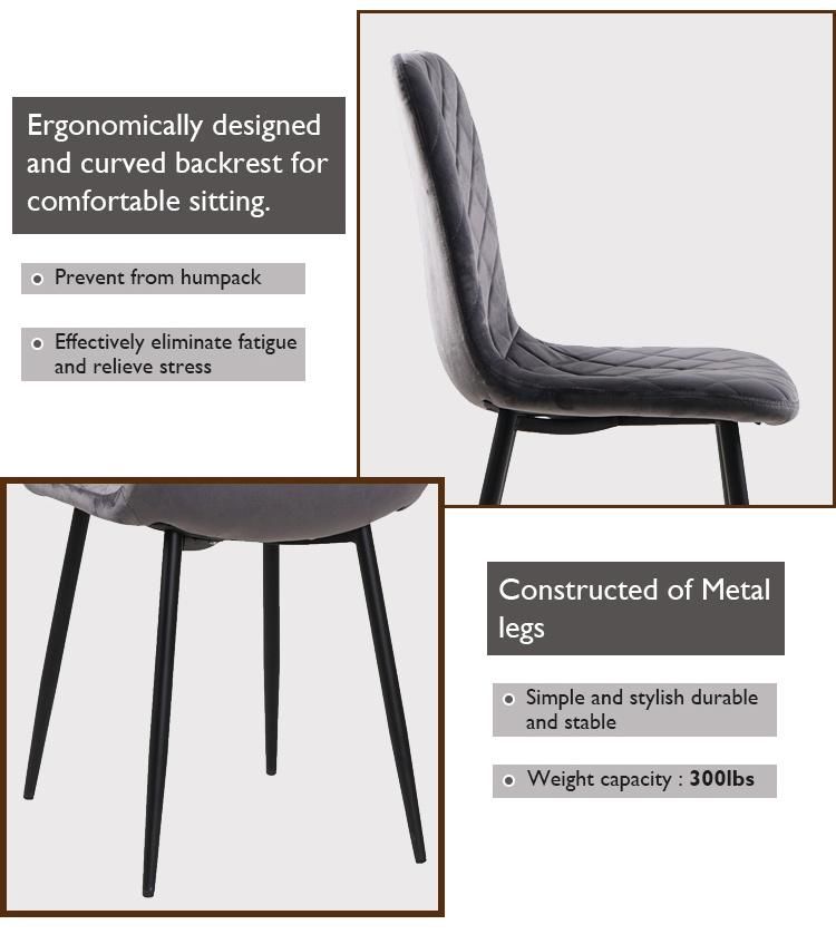 Home Furniture Coffee Hotel Luxury Home Kitchen Sillas Upholstered Soft Back Velvet Fabric Dining Chair with Metal Legs