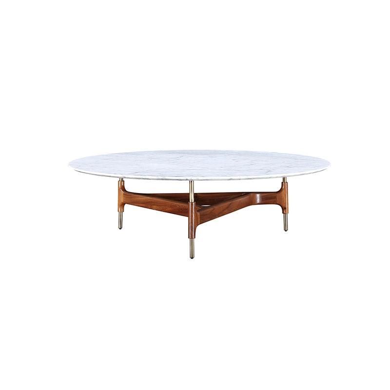 China Supplier Round Marble Top Wooden Home Furniture Living Room Walnut Solid Wood Frame Combination Tea Table Coffee Table