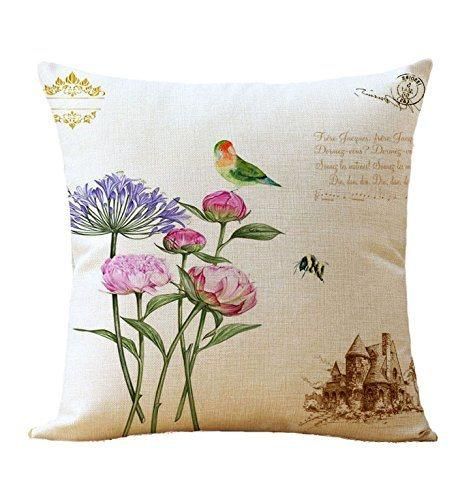 Cozy Bird Flower Printing Square Throw Cushion on Sofa Linen Fabric