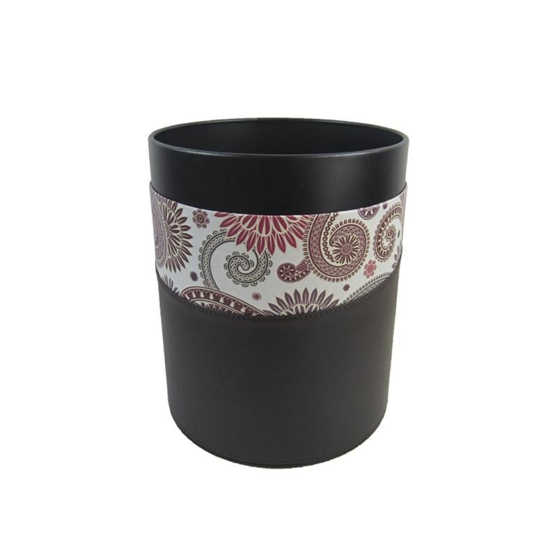 Paper Wastebasket Without Lid PU Leather Round Decorative Trash Bin