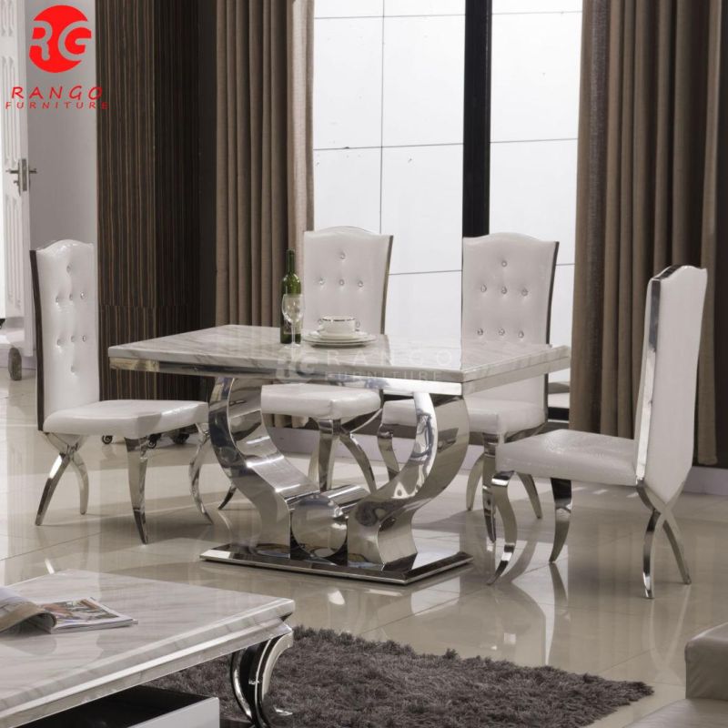 Dining Table with Premiere Grey Fabric Knockerback Chairs Grey Marble and Stainless Steel Chrome