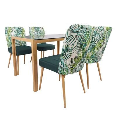 Factory Direct Modern Design Tempered Glass Table Set with 4 Velvet Fabric Chairs