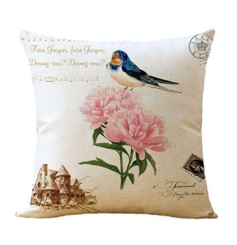 Cozy Bird Flower Printing Square Throw Cushion on Sofa Linen Fabric