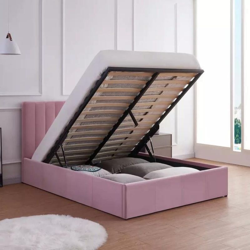Wholesale Modern Furniture Fabric Slat Dormitory Room King Queen Double Frame Bed with Gas Lift Storage