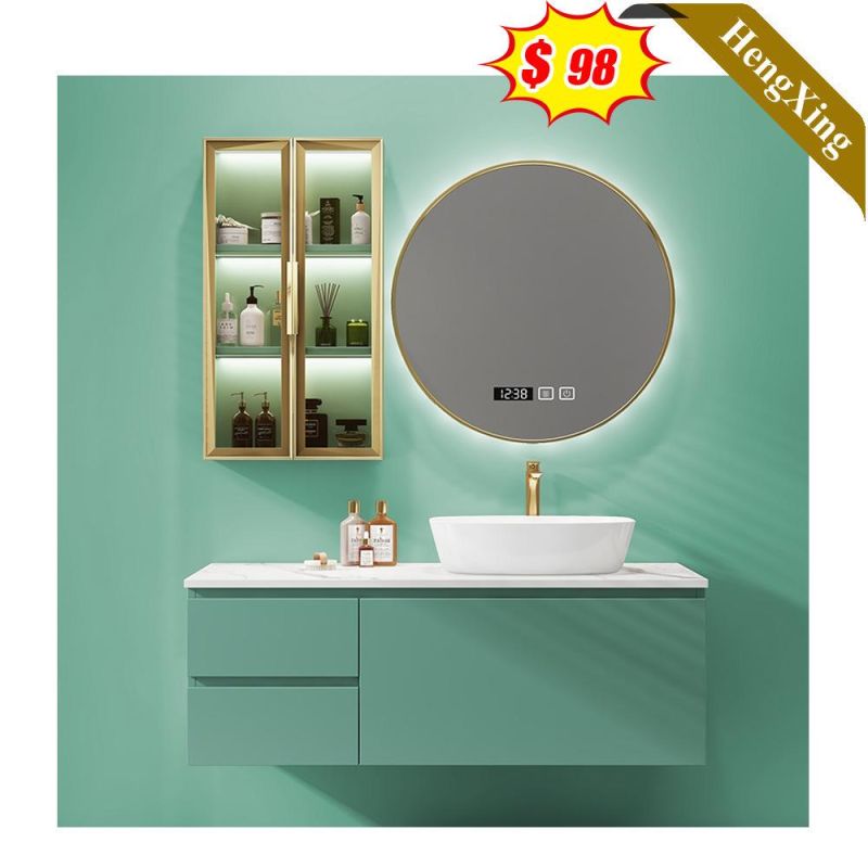 Green Luxury Hotel Wall Mounted Bathroom Vanity Cabinet with Glass Round Light Mirror