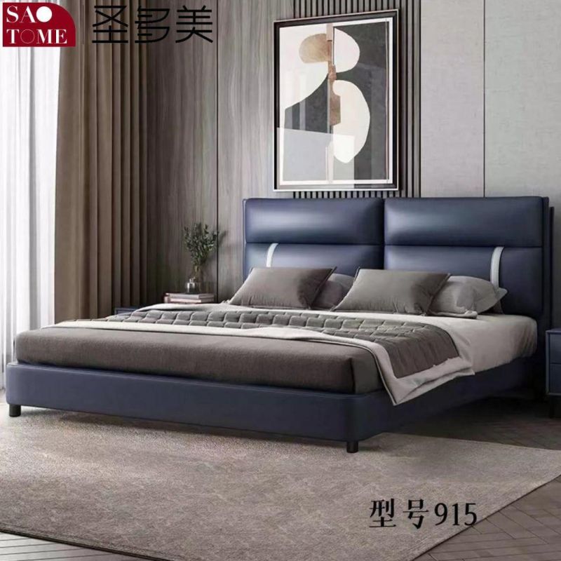 Modern Dark Blue Leather Solid Wood Plywood Frame Double Bed