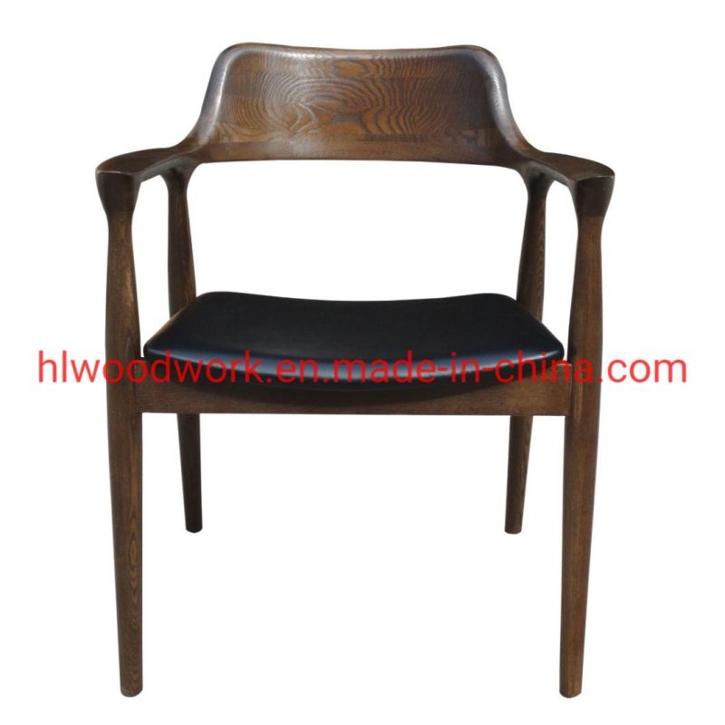 High Quality Hot Selling Modern Design Furniture Dining Chair Oak Wood Walnut Color Black PU Cushion Wooden Chair Furniture Dining Room Arm Chair Dining Chair