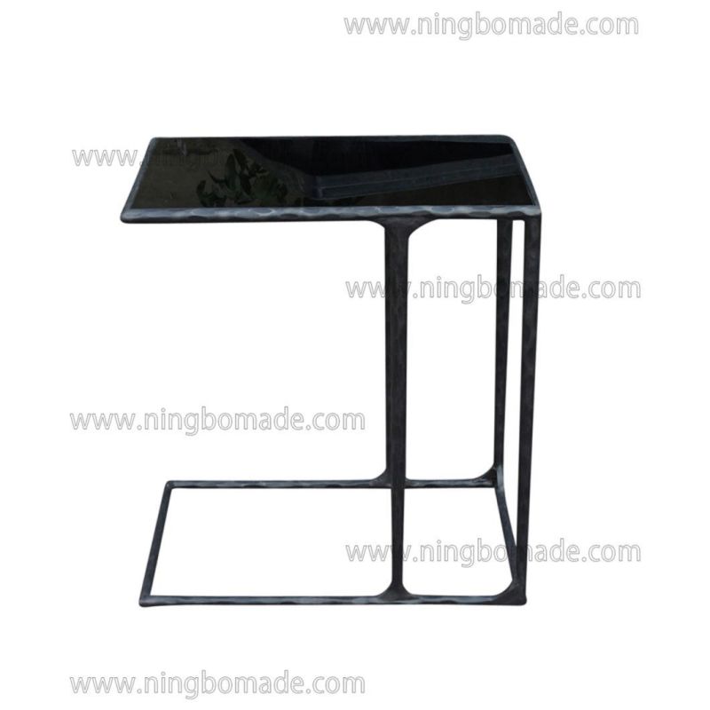 Thaddeus Sculptural Forged Collection Black Tempered Glass Top Antique Black Solid Metal Base Sofa Table